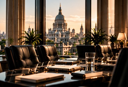 A boardroom at sunset overlooking a domed city skyline