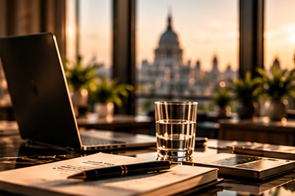 A laptop, notebook and glass of water on a desk overlooking the city at sunset