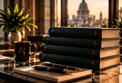 A stack of green leather-bound books and a mug on a desk at sunset