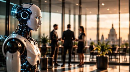A humanoid AI robot in an office with a team of colleagues in the background