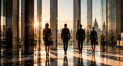Colleagues walking through a glass atrium towards the city