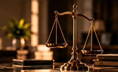 Brass scales of justice on a desk in warm light