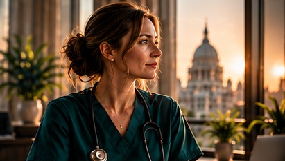 A nurse in scrubs looking out over the city at sunset