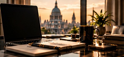 A laptop and coffee mug on a desk with a domed skyline beyond