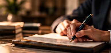 A hand signing a document with a fountain pen