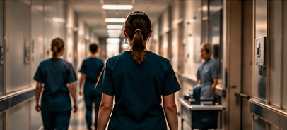 Nurses walking along a hospital corridor