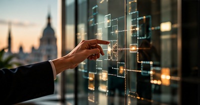 A hand interacting with a digital interface overlay against a city skyline