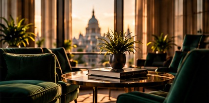 A quiet lounge with green velvet chairs overlooking the city