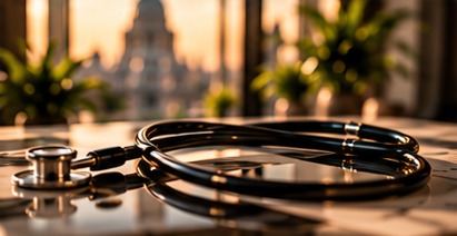 A stethoscope resting on a polished desk